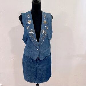Vintage Denim Studded Vest and Skirt Set